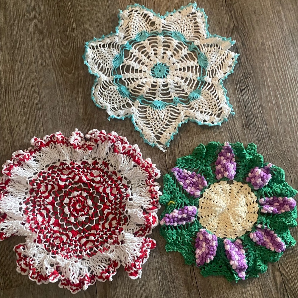 Vintage hand, crocheted set of three doilies